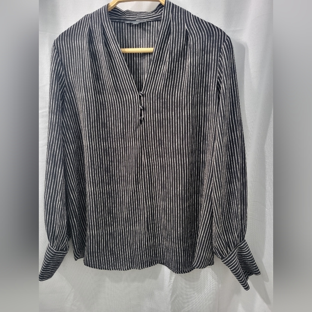 Adriana Papell Printed Crepe Black and White Striped Long Sleeve Blouse Size L - Picture 6 of 14